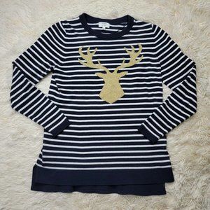 Crown & Ivy Women's Size XS Navy Striped Gold Deer Sweater Classic 100% Cotton